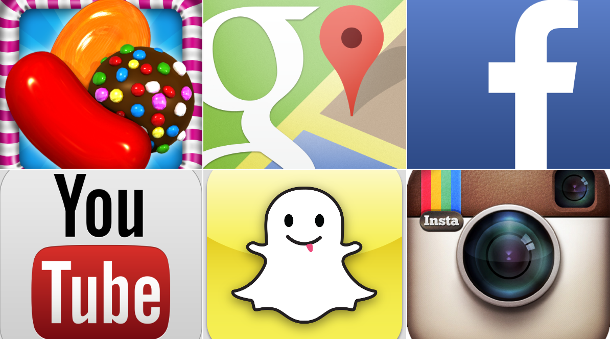 instagram, Vine, Temple Run, Snapchat, Dumma mej, Candy Crush, Pandora, Youtube, Apple, Google, Facebook